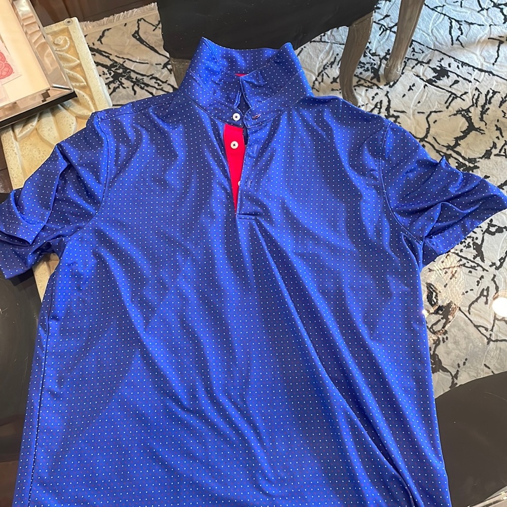 Footjoy Size large golf shirt blue red and white polkadots